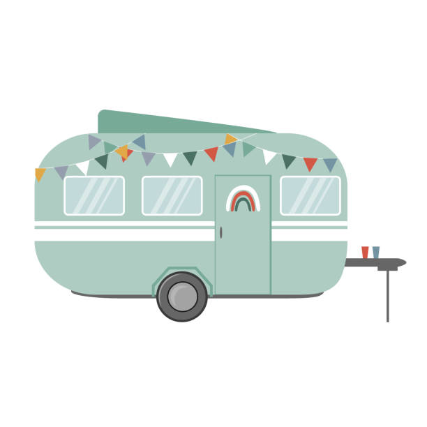 Travel trailer flat icon, vector illustration. Design element for camping backgrounds Travel trailer flat icon, vector illustration. Design element for camping backgrounds. camper trailer stock illustrations