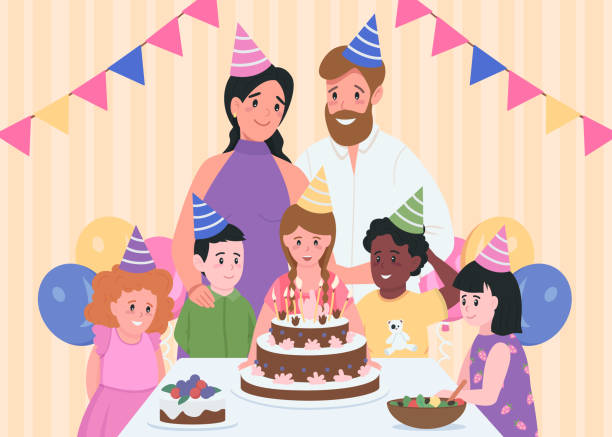 Kids birthday indoors flat color vector illustration Kids birthday indoors flat color vector illustration. Parents in party hats. Girl ready to blow candles on cake. Family and friends 2D cartoon characters with home interior on background birthday family stock illustrations