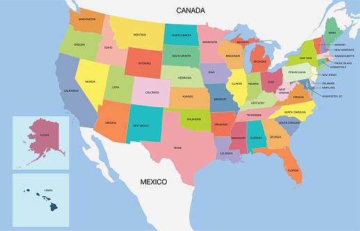 Stan Usa Ze Stolicą W Dover Mapa Stanów Zjednoczonych Ameryki Kolorowa Mapa Usa Ze Stanami I