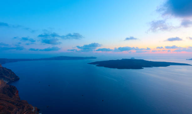 Sea at sunset from Santorini Island in Greece. Greek nature, panoramic view