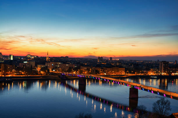 Rainbow bridge in Novi Sad, Serbia at night View at Rainbow bridge in Novi Sad, Serbia at night Petrovaradin stock pictures, royalty-free photos & images