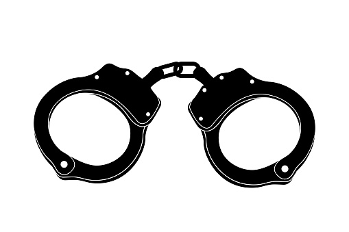 Hand cuffs on white background. Illustration icon, peerless closed linked police handcuffs. Black and white color.