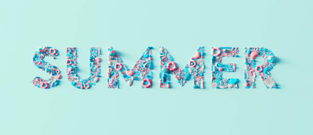 istock Summer text made from beach accessories on pastel blue background. Creative minimal summer concept idea 3D Render 1321540220
