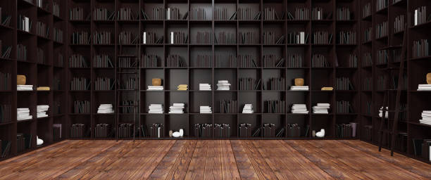 istock Black Bookshelves in the Library Panorama 1321543606