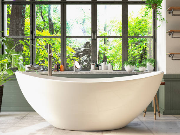 istock Classic Spa Bathroom with Bathtub and Plants 1321543670
