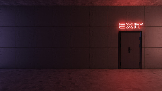 Neon Exit Sign with Door. 3d Render