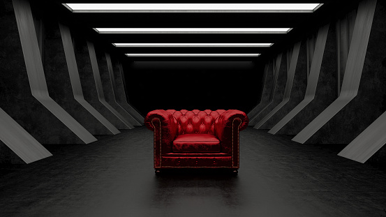 Red Armchair with Black Corridor. 3d Render