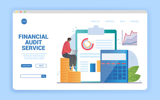 Analytics, financial audit service, financial data management, risk management, dashboard abstract metaphor. Flat cartoon vector illustration. Website web page landing page template