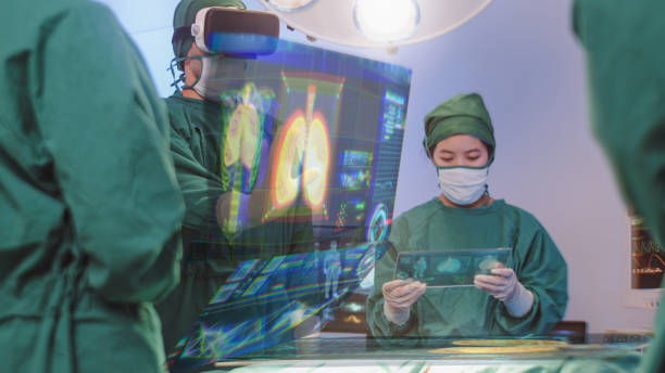 cirurgiões usando vr e medical graphical user interface, innovation and medical technology concept - brain surgery healthcare and medicine brain surgery - fotografias e filmes do acervo