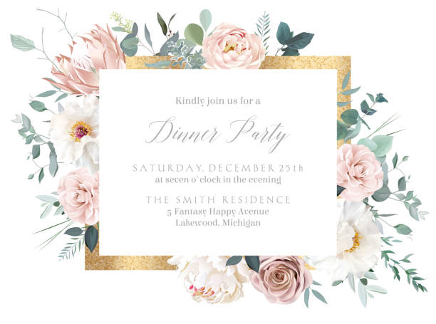 Silver sage and blush pink flowers vector design frame Silver sage and blush pink flowers vector design frame. Dusty rose, camellia, protea, ranunculus, peony, eucalyptus, greenery. Wedding gold glitter background. Elements are isolated and editable pink flower frame stock illustrations