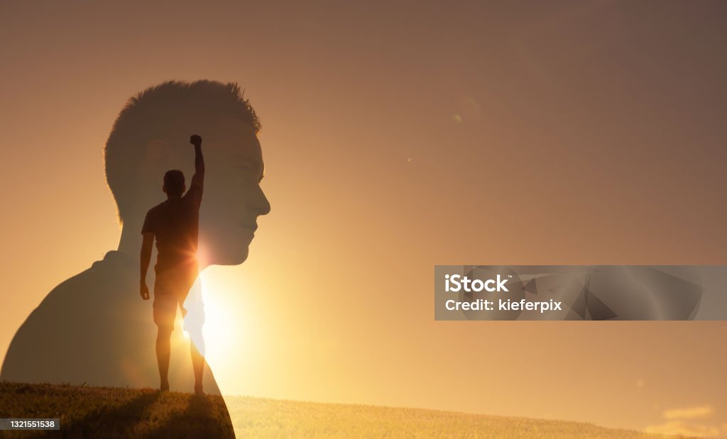 Winner Man and his thoughts, winner, success, achievement. Confidence Stock Photo