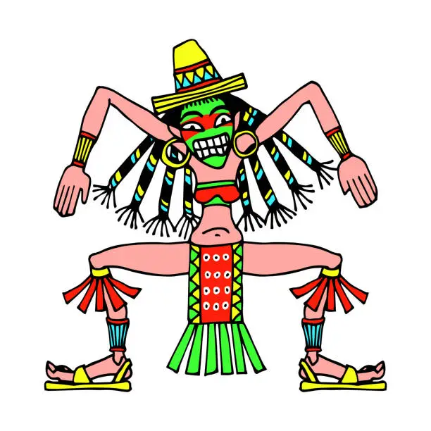 Vector illustration of dancing shaman woman with mask, sombrero and pigtails, wild mexican girl