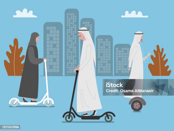 Arab People Riding Motor Arabs People Riding Micro Mobility Transportation Stock Illustration ...