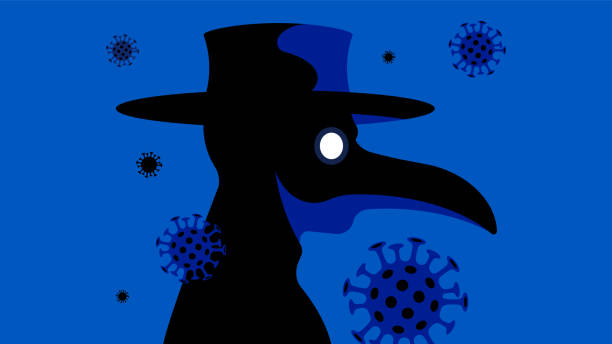 Comparison of coronavirus and plague. The Plague doctor, theater character in vintage mask. Comparison of coronavirus and plague. The Plague doctor, theater character in vintage mask. Symbol of coronavirus in the air. Concert of epidemics, diseases and treatment. black plague doctor stock illustrations
