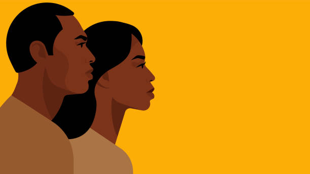 African-American couple. Black man and woman are standing side by side and look ahead. African-American couple. Black man and woman are standing side by side and look ahead. Portraits of people, side view, head and shoulders. Modern vector illustration for banner, cover, print, blogs. woman silhouette illustration stock illustrations