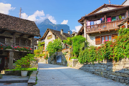 typical houses in Sonogno in the Verzasca Valley, Ticino in Switzerland, Europe