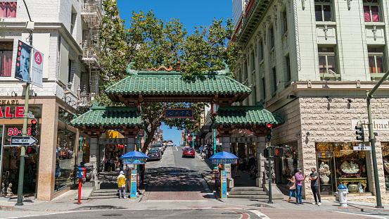 San Francisco, CA, USA - August 2019: China Town Dragon Gate in San Francisco