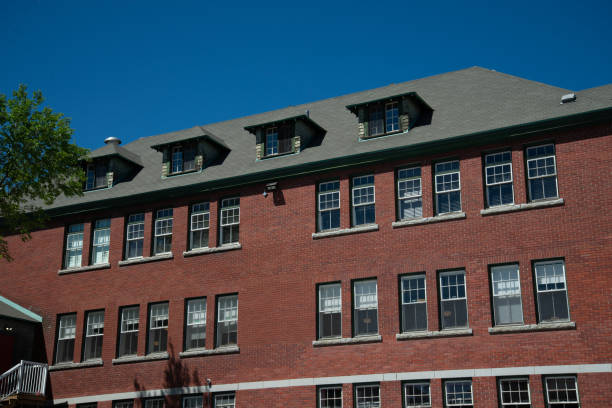 Close up of classroom windows Kamloops Indian Residential School Building stock photo