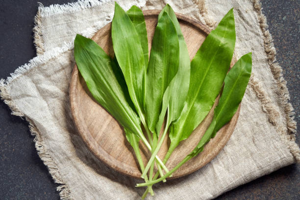 Fresh young wild garlic leaves on a wooden cutting board Fresh young wild garlic leaves on a wooden cutting board, top view wild garlic leaves stock pictures, royalty-free photos & images