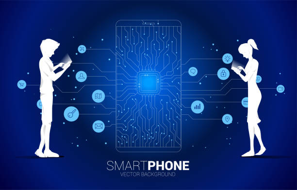 silhouette man and woman use mobile phone and CPU dot connect line circuit board style mobile phone icon. Concept for mobile phone technology and data network. cpu usage stock illustrations