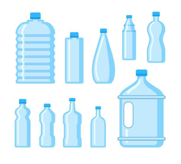 illustrazioni stock, clip art, cartoni animati e icone di tendenza di icona della bottiglia d'acqua di plastica. bevanda contenitore liquido blu, set silhouette bottiglia. bottiglie per cartoni animati ad acqua - jug