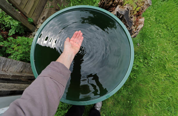 A woman holding clean clear rainwater from a rain barrel in her hand A woman holding clean clear rainwater from a rain barrel in her hand watering pail stock pictures, royalty-free photos & images