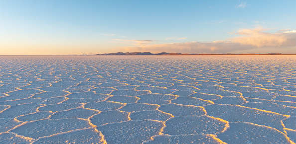 Uyuni salt flat desert sunset panorama, Bolivia.
