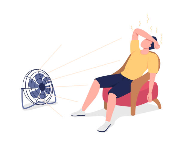 Reducing body heat with fan semi flat color vector character Reducing body heat with fan semi flat color vector character. Overheated figure. Full body person on white. Summertime isolated modern cartoon style illustration for graphic design and animation electric fan stock illustrations