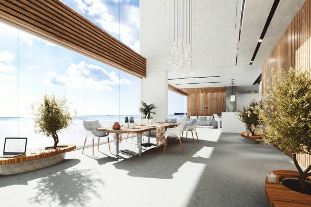 Modern living room with natural wooden wall planks. Summer ocean side scene background. 3d rendering.