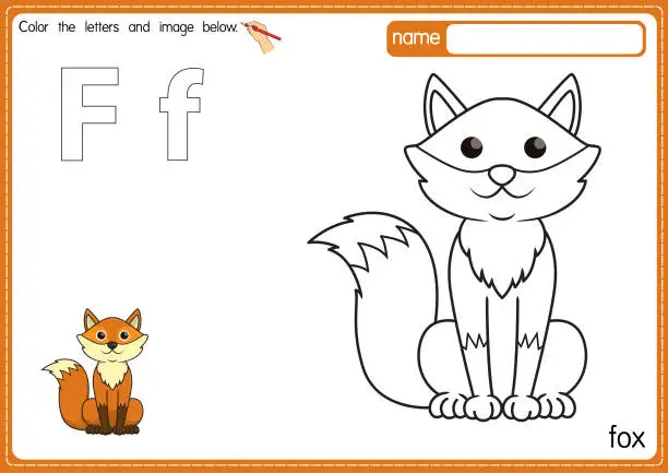 Vector illustration of Vector illustration of kids alphabet coloring book page with outlined clip art to color. Letter F for Fox.