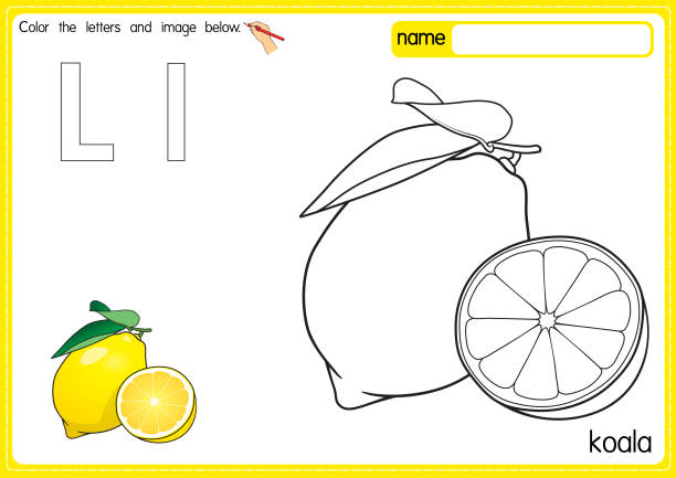 ilustrações, clipart, desenhos animados e ícones de ilustração vetorial de crianças alfabeto página de livro de colorir com delineado clip art para colorir. letra l para lemon. - education reading and writing uppercase lowercase