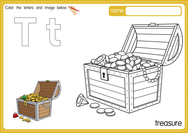 ilustrações, clipart, desenhos animados e ícones de ilustração vetorial de crianças alfabeto página de livro de colorir com delineado clip art para colorir. letra t para tesouro. - education reading and writing uppercase lowercase