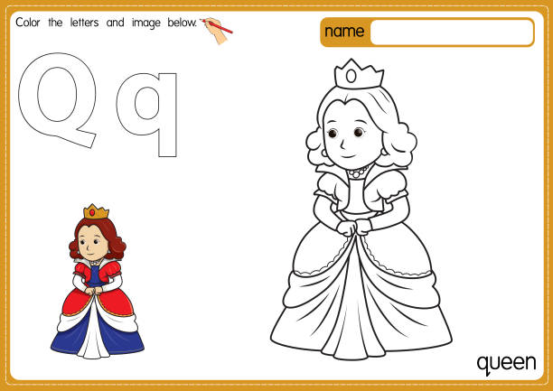 ilustrações, clipart, desenhos animados e ícones de ilustração vetorial de crianças alfabeto página de livro de colorir com delineado clip art para colorir. letra q para rainha. - education reading and writing uppercase lowercase