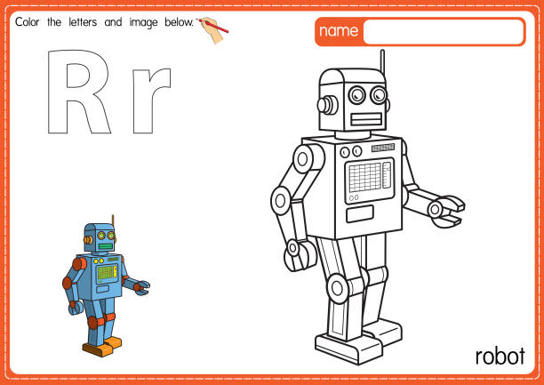 ilustrações, clipart, desenhos animados e ícones de ilustração vetorial de crianças alfabeto página de livro de colorir com delineado clip art para colorir. letra r para robô. - education reading and writing uppercase lowercase