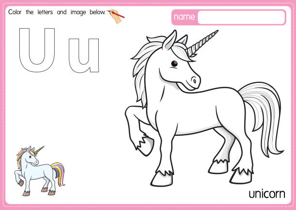 Vector illustration of kids alphabet coloring book page with outlined clip art to color. Letter U for Unicorn. Vector illustration of educational alphabet coloring page with cartoon for kids. Uppercase and lowercase letter for coloring, tracing, writing, do-a-dot, sticker, cut and paste, kids learning page. letter u with words stock illustrations