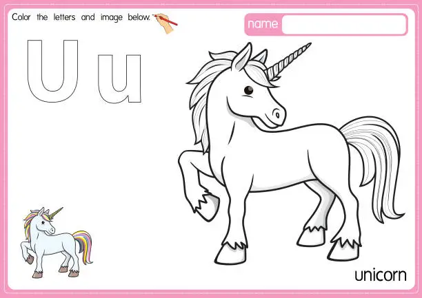 Vector illustration of Vector illustration of kids alphabet coloring book page with outlined clip art to color. Letter U for Unicorn.