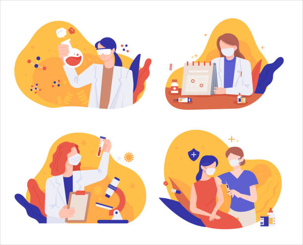 ilustrações de stock, clip art, desenhos animados e ícones de researchers studying viruses to develop vaccines and doctors immunizing people. - lab