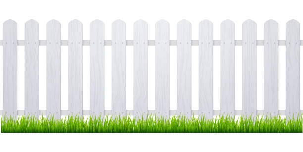 białe ogrodzenie z trawą. drewniane tło pikiety izolowane gospodarstwo ogród barier ilustracja - sign wood cartoon landscape stock illustrations