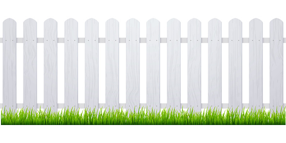 White fence with grass. Wooden picket background isolated farm garden barier illustration.