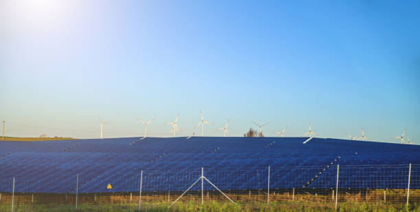 painéis solares e geradores eólicos. - solar panel wind turbine california technology - fotografias e filmes do acervo