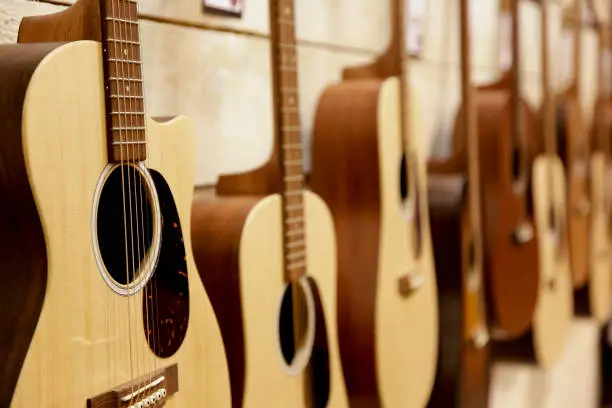 A view of several wooden acoustic guitars on display on a wall at a local music shop.
