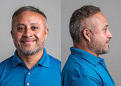 Smiling hispanic mature man front and profile mugshots