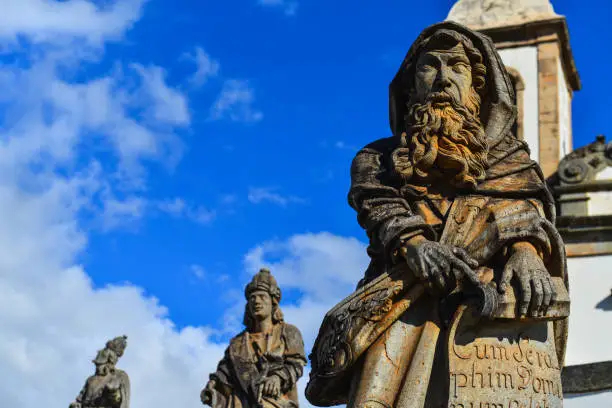 Partial view of the Twelve Prophets soapstone sculptures by the famous baroque artist Aleijadinho, on the Santuário do Bom Jesus de Matosinhos, Congonhas, Minas Gerais, Brazil