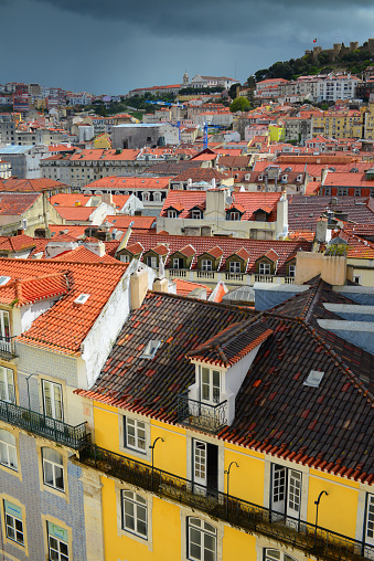 View of the Baixa and surrounding districts from besides the Elevador Santa Justa lift at Chiado, Lisboa, Portugal