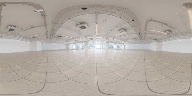 360 equirectangular interior panorámico de oficina vacía con piso de baldosas - 360 fotografías e imágenes de stock