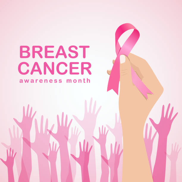 ilustraciones, imágenes clip art, dibujos animados e iconos de stock de conciencia sobre el cáncer de mama con cinta rosa de mano y diseño de ilustración vectorial de signos de manos - cinta contra el cáncer de mama ilustraciones
