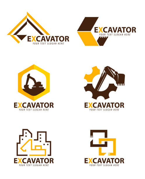 ilustrações, clipart, desenhos animados e ícones de design de conjunto vetorial de placa de escavadeira amarela e marrom - bulldozer