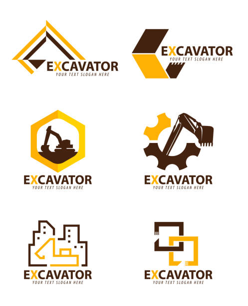 желтый и коричневый экскаватор знак вектор набор дизайн - earth mover bulldozer construction equipment digging stock illustrations