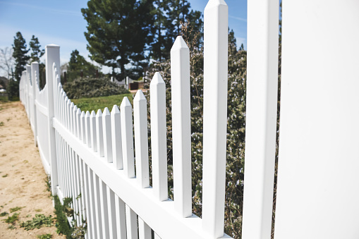 A closeup angled view of a white picket fence, as a background, leading into the horizon.
