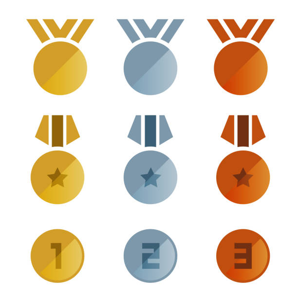 ilustrações de stock, clip art, desenhos animados e ícones de gold silver bronze medals icon vector set design - medal star shape war award